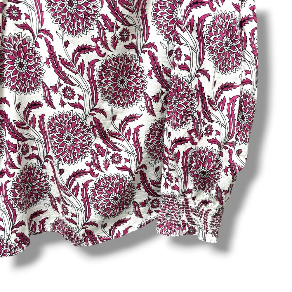 Talbots XL Pink White Dahlia Cotton Ruffle Neck Smocked Cuff Button Front Blouse - Picture 2 of 7